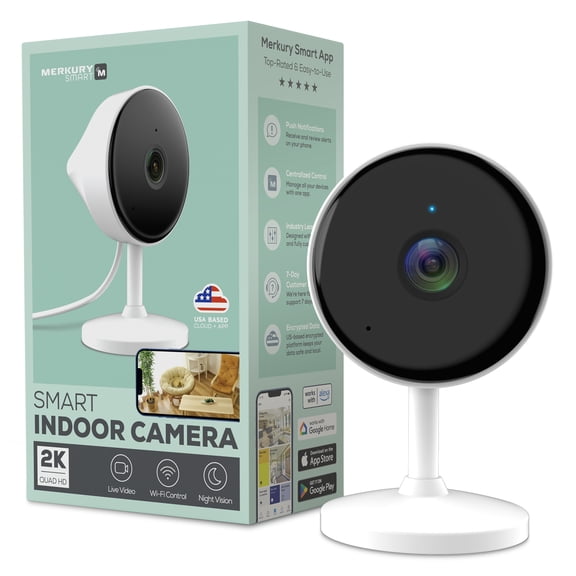 Merkury Smart 2K Indoor Security Camera, Wi-Fi Home Monitoring Camera (1 Pack)