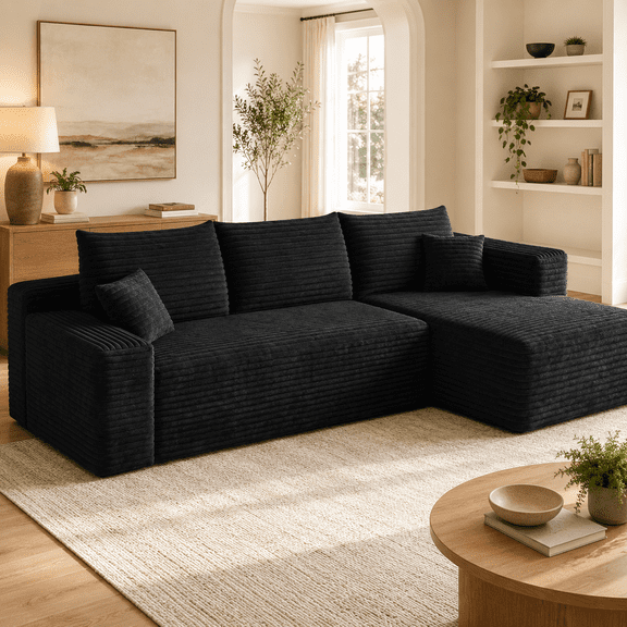 Boneless Couches for Living Room, L-Shape Corduroy Modular Sectional Cloud Sofa, Modern, Comfy, Black