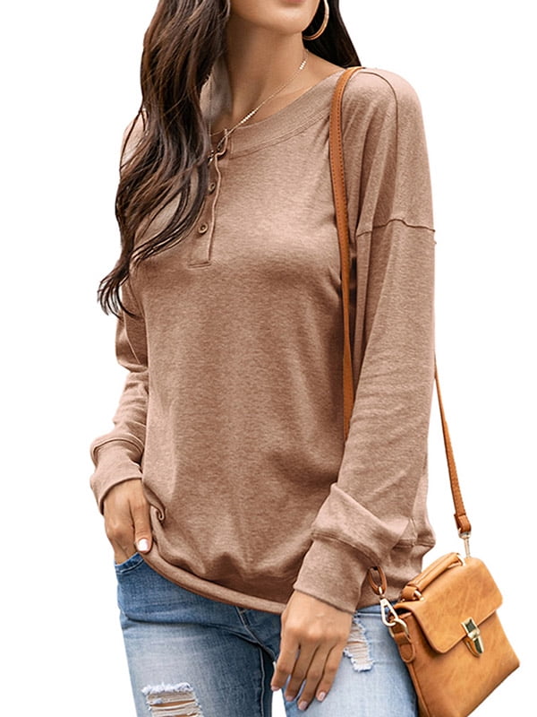 Nlife Women Long Sleeve Buttons Crew Neck Pullover Tops - Walmart.com