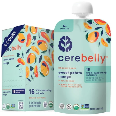 Cerebelly Organic Baby Food Sweet Potato Mango 4 oz Puree Toddler Pouches 6 Pack