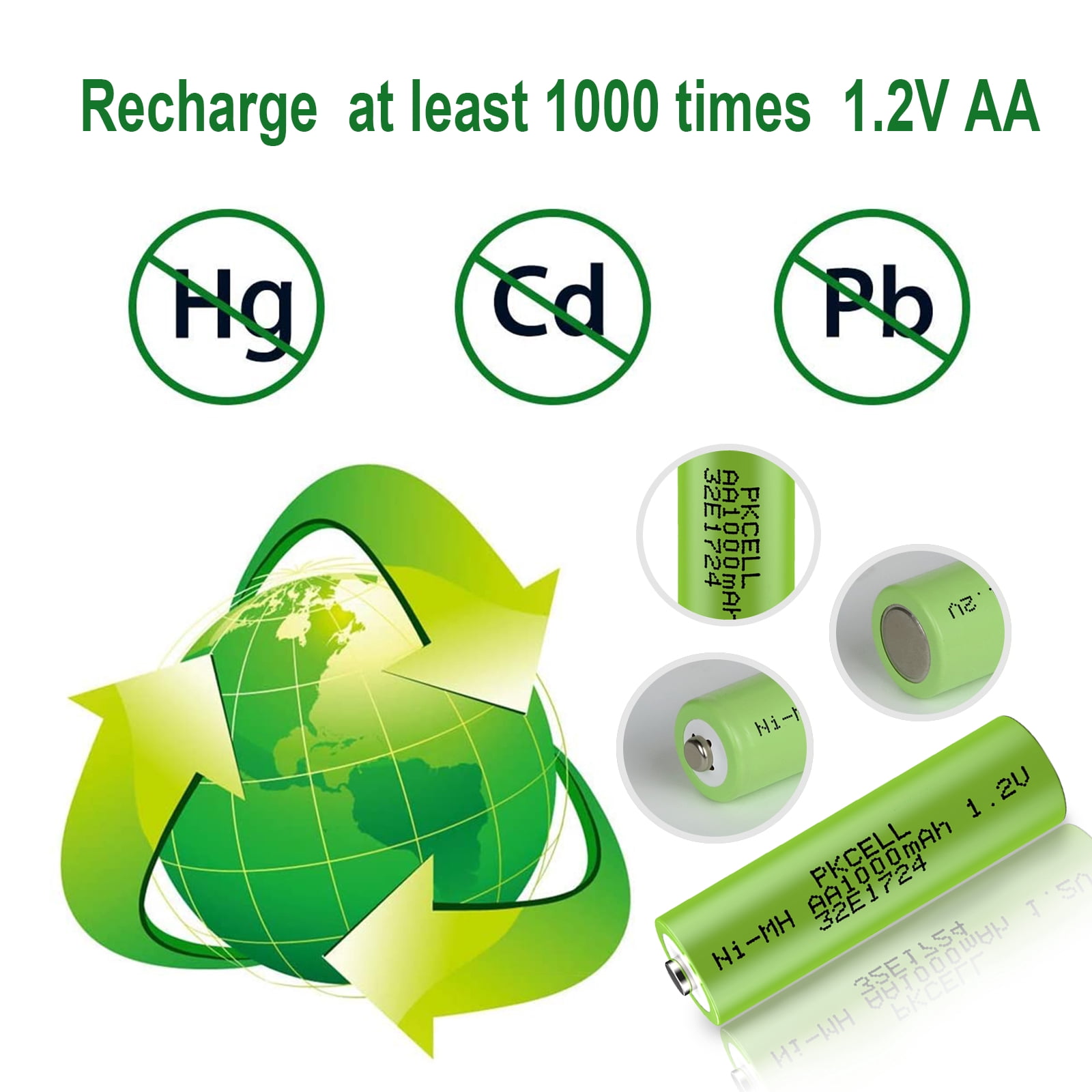 PKCELL AA Rechargeable Batteries, 1000mAh 1.2V NiMH Double A Battery for Garden Solar Light LED, Pack of 24