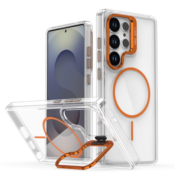 ELEHOLD For Samsung Galaxy S26 Ultra Magnetic Clear Case, Shockproof Anti-Yellowing Kickstand Wireless Charging Cover,Orange