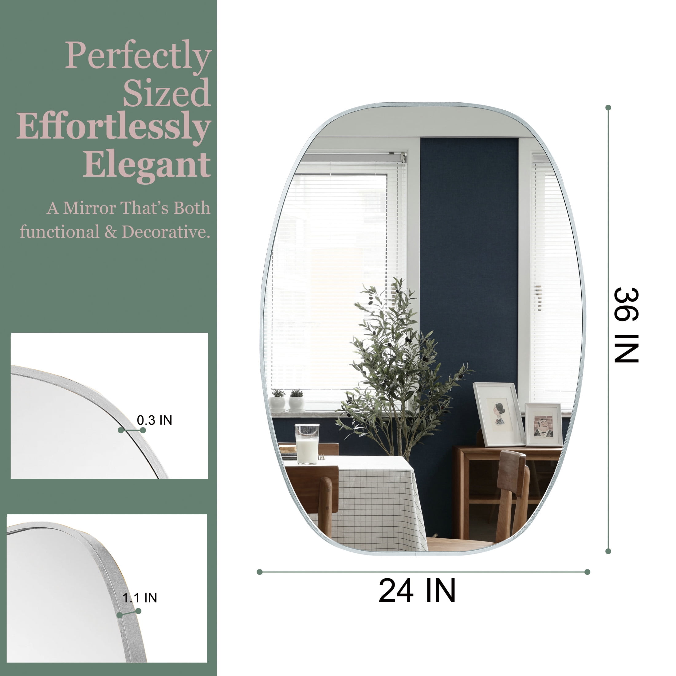 Noble House 24"x36" Unique Metal Framed Oval Wall Mirror, Modern Oblong Vanity Mirror for Bathroom & Entryway, Silver