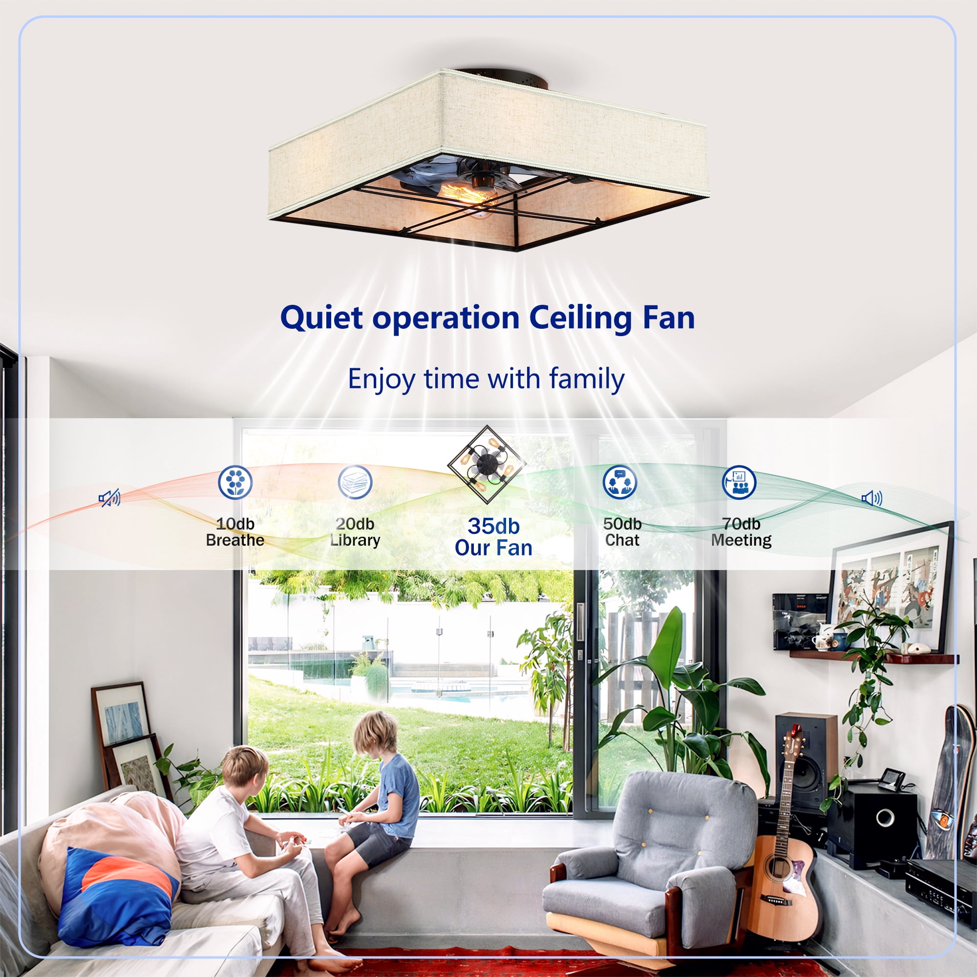 Leumius 16.6" Square Fabric Farmhouse Ceiling Fan with Light and Remote Control,Low Profile Modern Enclosed Ceiling Fans with Reversible Motor for Living Room,Bedroom,Kitchen (NOT Included Bulbs)
