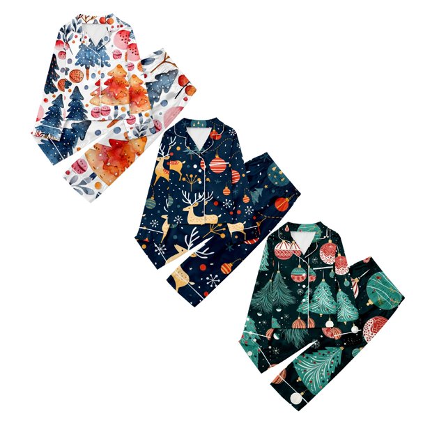 WEAIXIMIUNG 2 Pack Children's Christmas Print Long Sleeve Trousers Cardigan Children's Pyjamas Two Sets 130