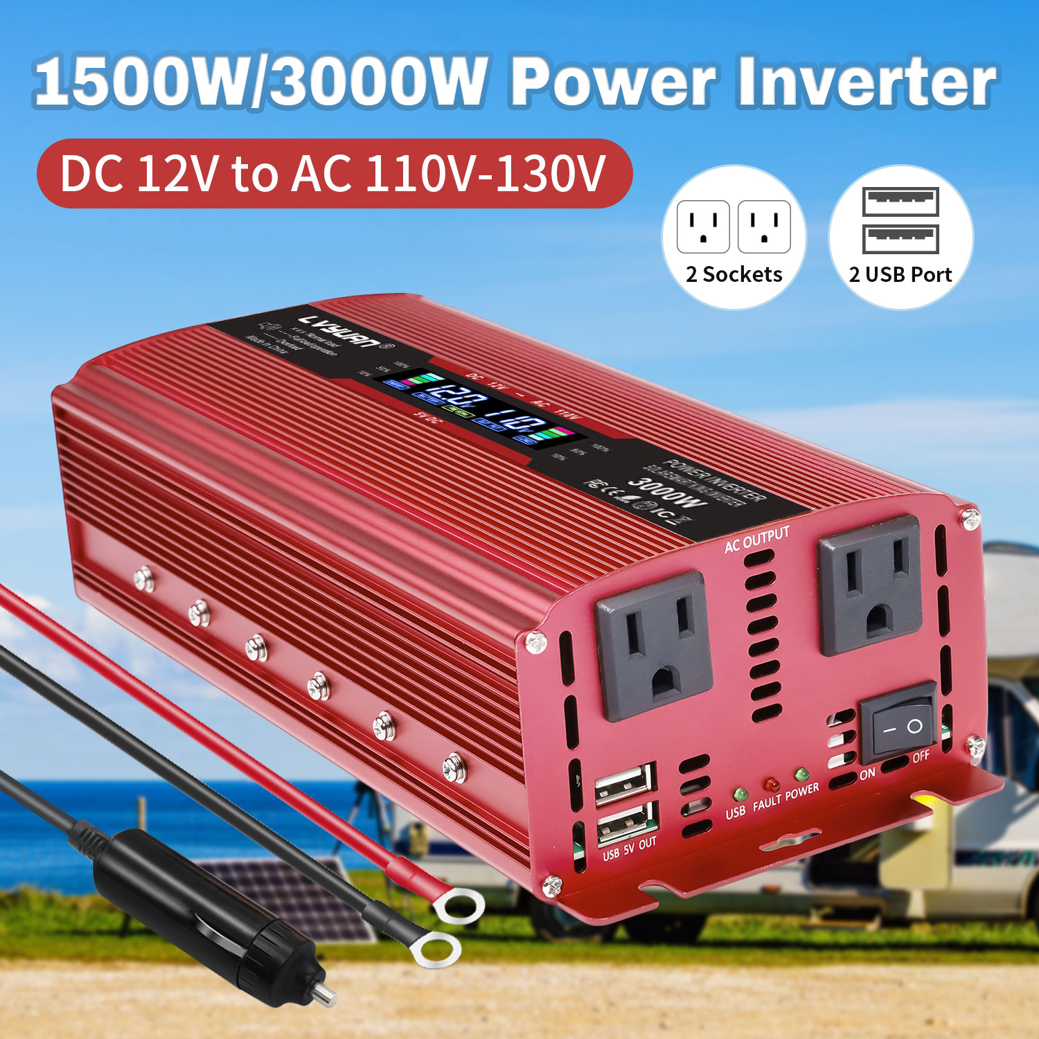 LVYUAN 1000W 2000W Modified Sine Wave Peak Power Inverter, 12V DC to 110V AC Car Inverter with Dual USB & AC Outlets, LCD Display, Black for RV, Truck, Camping, Travel (Inversor de Energa para Auto)