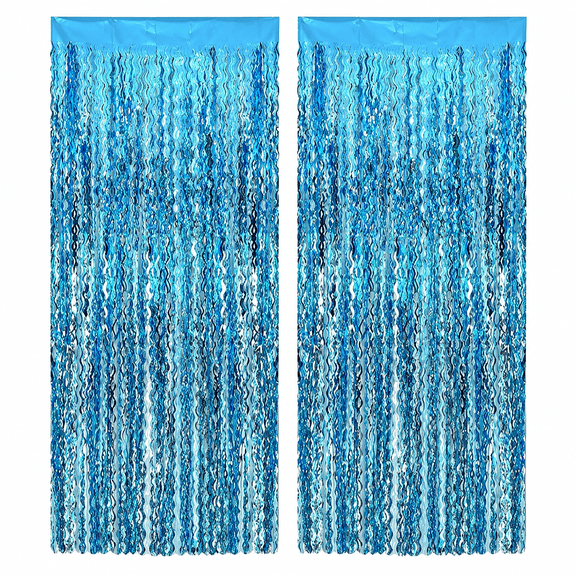 2 Pack Blue Wavy Foil Fringe Curtain Backdrop, 3.2 x 6.6 ft Metallic Tinsel Streamers for Ocean Theme Birthday and Party Decorations
