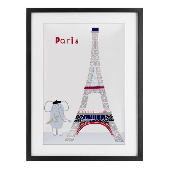 Elephant & Eiffel Tower Black Framed Print Under Glass, design by Carla Daly