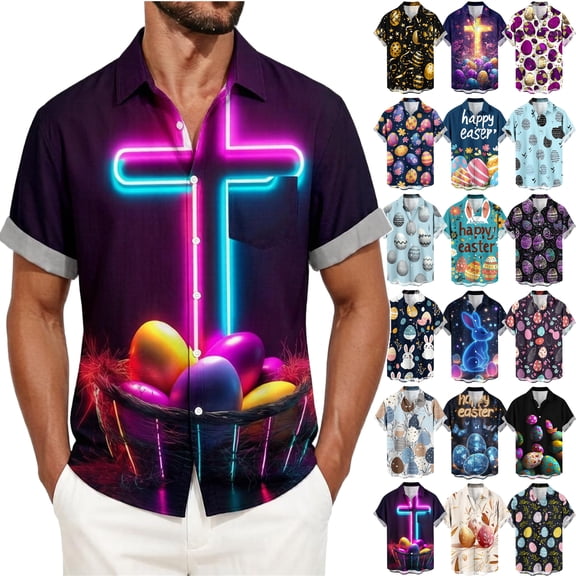 oelaio Happy Easter Shirts for Men Funny Egg Print Hawaiian Shirt Big and Tall Short Sleeve Lapel Beach Shirt Casual Button Down Aloha Party Tops Multicolor L