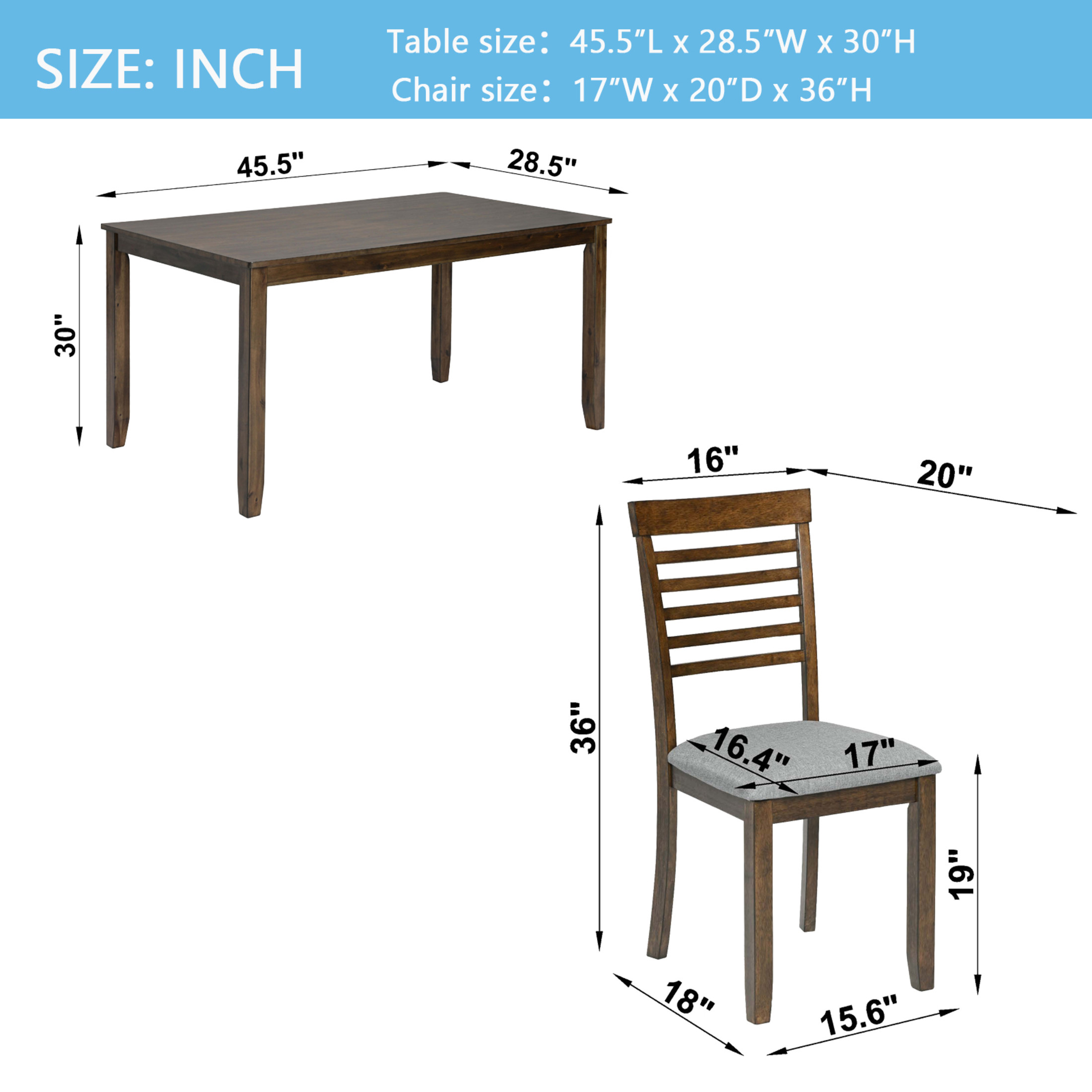 Noble House 5-Piece Farmhouse Dining Set, 45.5" Rectangular Wooden Table with Upholstered Chairs, Walnut
