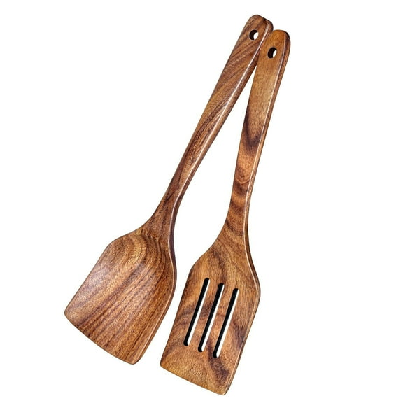 2Pcs Wooden Spatula, Acacia Solid & Slotted Turner Spatula Set, Long Handle Flat Frying Spatulas, Ideal Kitchen Gift for Mother and Grandma, Kitchen Utensils Set for Cooking, Frying, Baking
