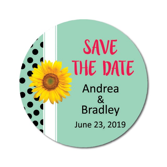Darling Souvenir Round 45 Pcs Sunflower Save The Date Stickers Wedding Personalized Bride Groom Names And Date Envelope Seals - Mint
