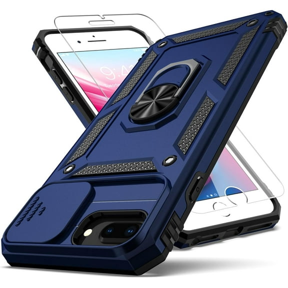 for iPhone 8 Plus Case, for iPhone 7/6 Plus Case, with Slide Camera Cover  HD Screen Protector,Rotated Ring Kickstand Military Grade Shockproof Protective Cover-Blue