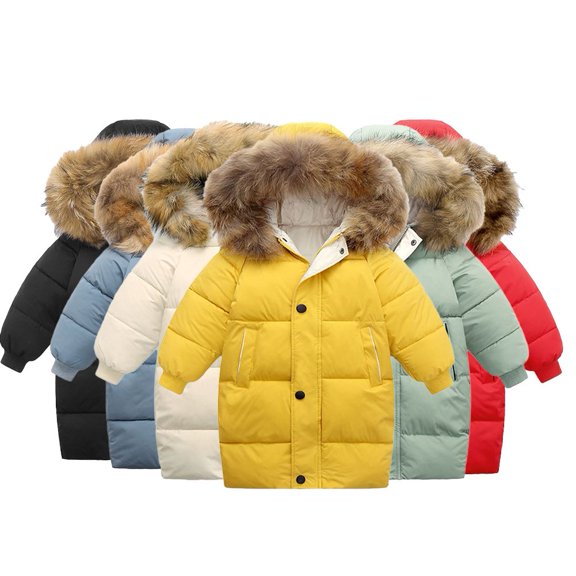 Godderr 1-10Y Girls Boys Mid-Length Down Coats Outwears Winter Hooded Jackets with Buttons Thicked Fleece Coats for Baby Toddler Kids