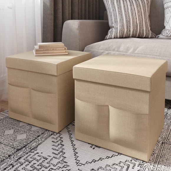 Juego de 2 otomanas con bolsillos de almacenamiento – Reposapiés plegables de 15 pulgadas o organizadores de almacenamiento para dormitorio, sala de estar o dormitorio de Lavish Home (Beige)