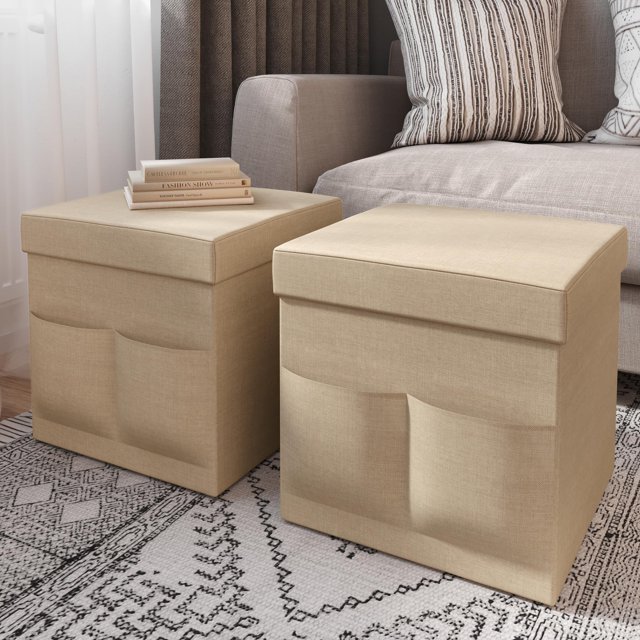 Juego de 2 otomanas con bolsillos de almacenamiento – Reposapiés plegables de 15 pulgadas o organizadores de almacenamiento para dormitorio, sala de estar o dormitorio de Lavish Home (Beige)