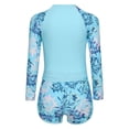 thumbnail image 4 of Doomiva Kids Girls 2Pcs Rash Guard Swimsuit Vibrant Print Sun Protection Top and Shorts Surfing Beach Bathing Suit Blue 130, 4 of 7