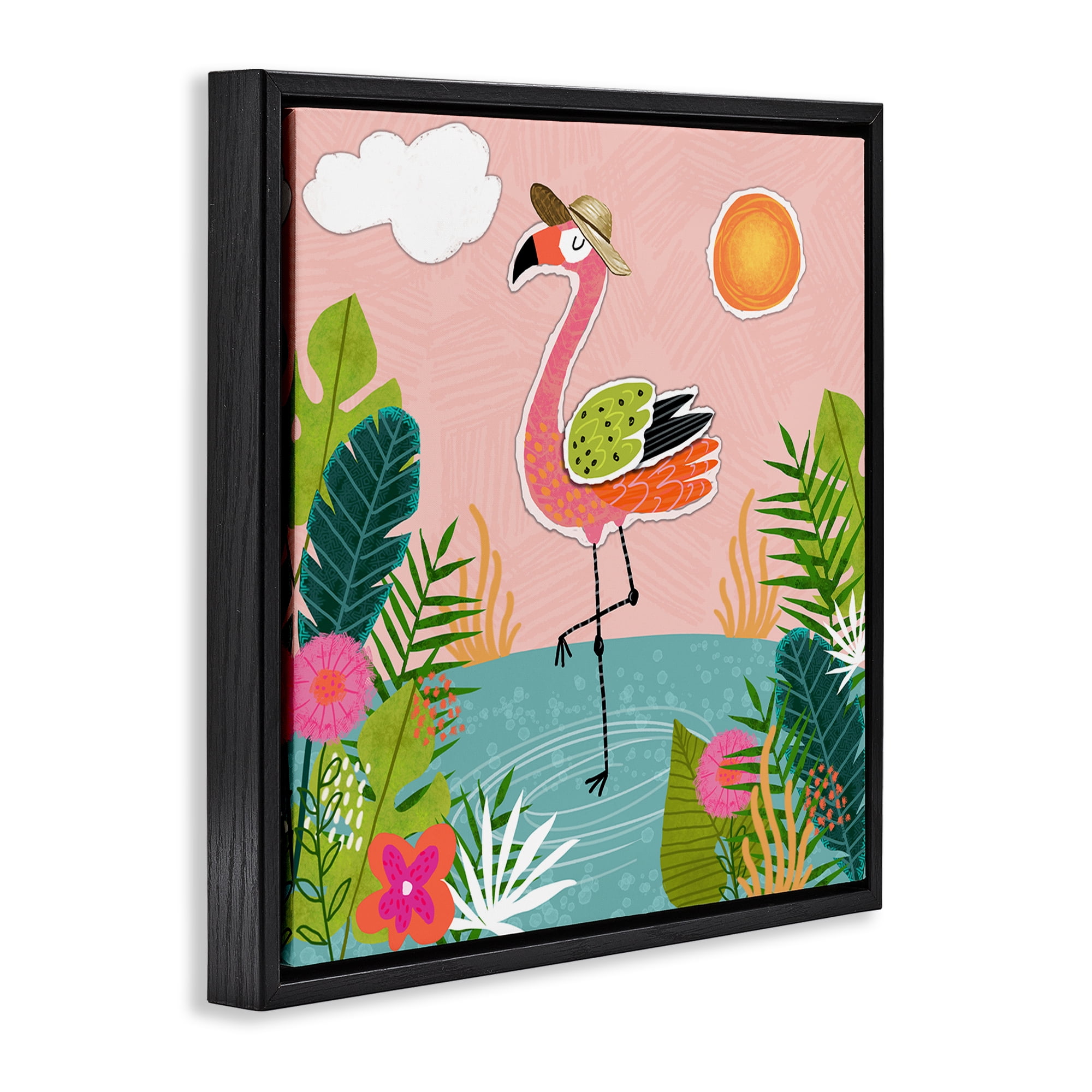 Stupell Industries Tropical Flamingo Pond Animals Painting Black Floater Framed Canvas Art Print Wall Art, 18 x 18