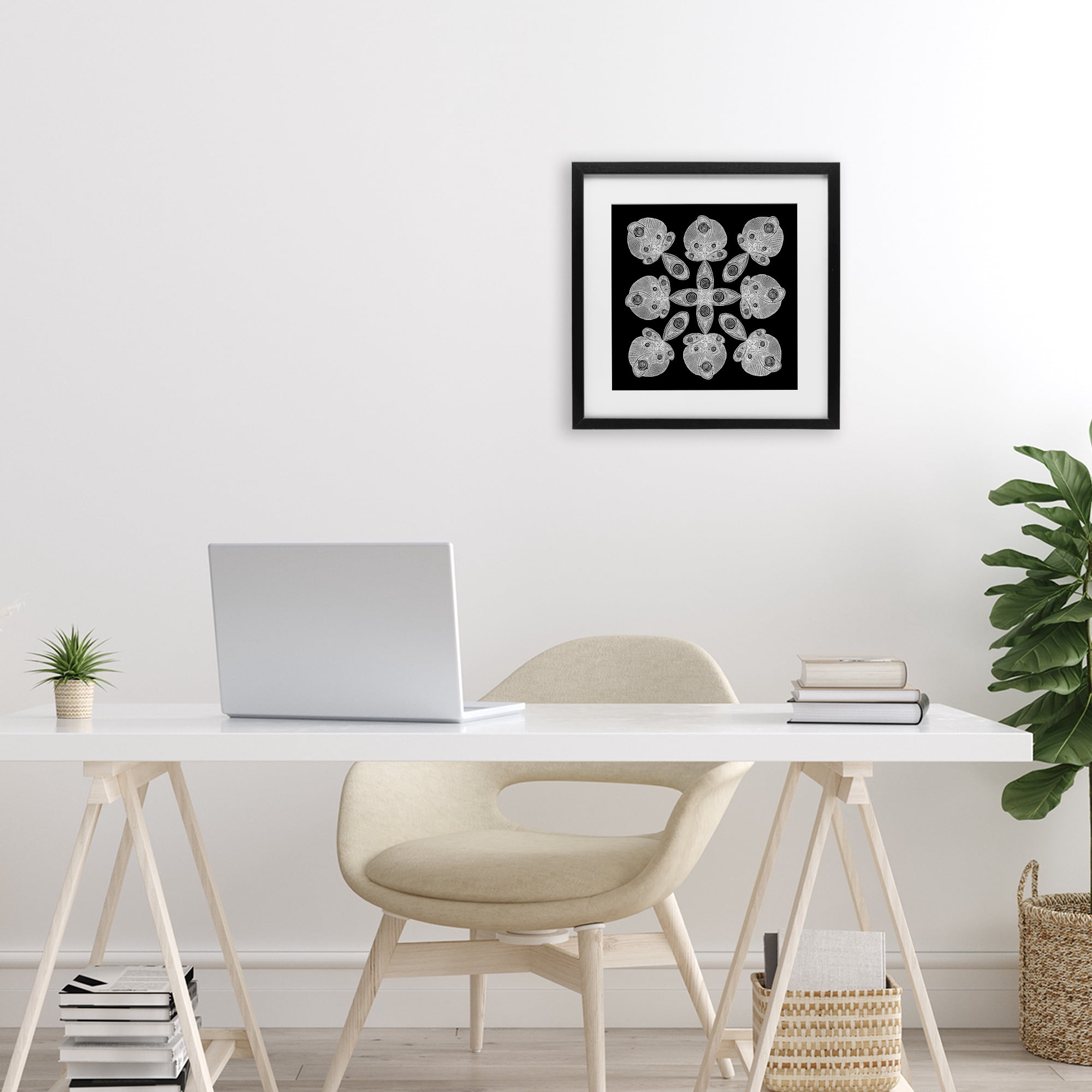 Stupell Industries Fractal Symmetry in Monochrome Black Framed Print Under Glass, design by El Perkin