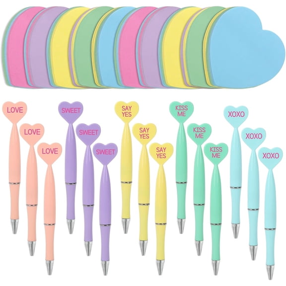 30Pcs Valentine Ballpoint Pens With Love Heart Sticky Notepads Mixed 5 Colors Stationery Gift Set For Wedding Anniversary Party Home Office Supplies
