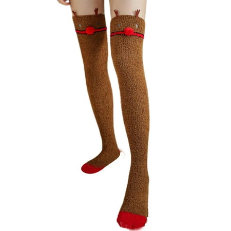 

Women Christmas Coral Velvet Thigh High Stockings Cute Santa Claus Elk Pattern Fuzzy Fluffy Plush Home Sleeping Over Knee Long Socks Leg Warmers