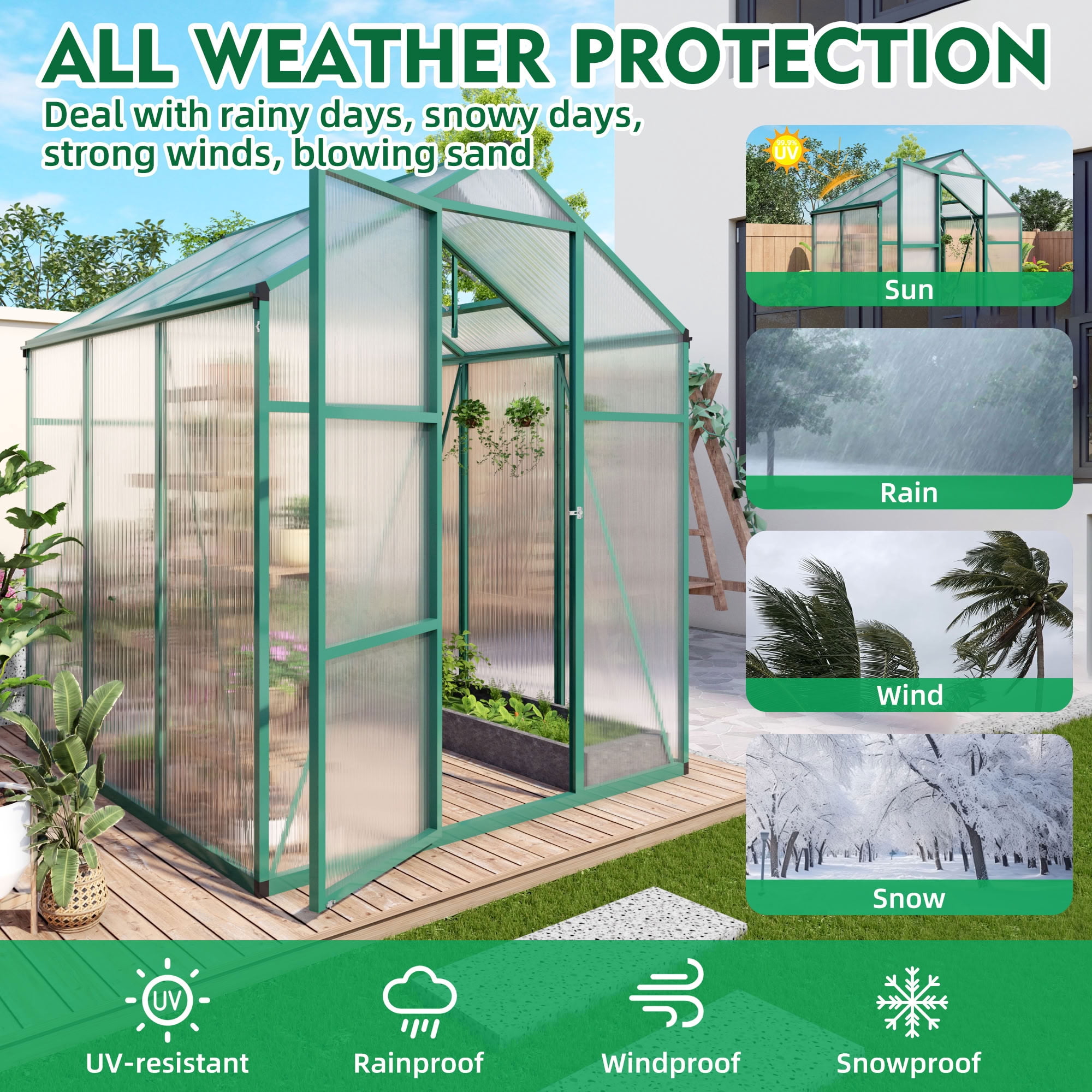 MAYEERTY 6x6 FT Walk-in Greenhouse with Raised Base, Aluminum Frame & Polycarbonate Panels, All-Season Outdoor Greenhouse
