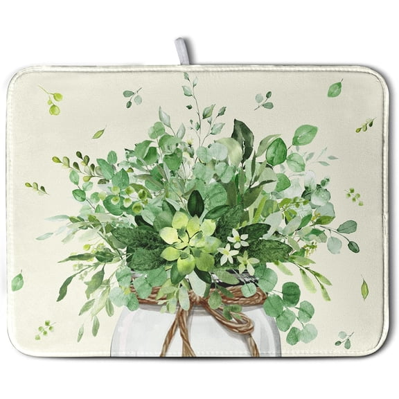 Spring Sage Green Leaves Dish Drying Mat for Kitchen Counter Eucalyptus Leaf Floral Mason Jar Dishes Drainer Mats Absorbent Microfiber Dish Draining Mat Washable Large Dish Pad 18x24 Inch