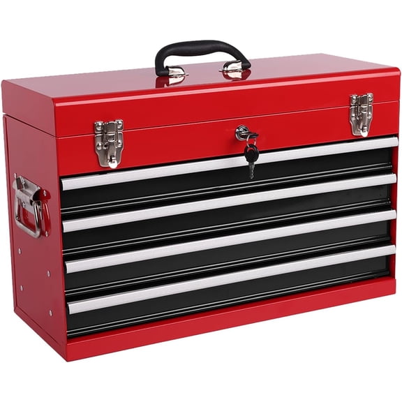4 Drawers Metal Tool Box, 21" Portable Steel Tool Chest w/Key Lock&Latch Closure, Multi-Function Top Storage Tray Toolbox w/Powder Coating&Ball Bearing Slides (Style 1-4 Drawers - Black&Red)