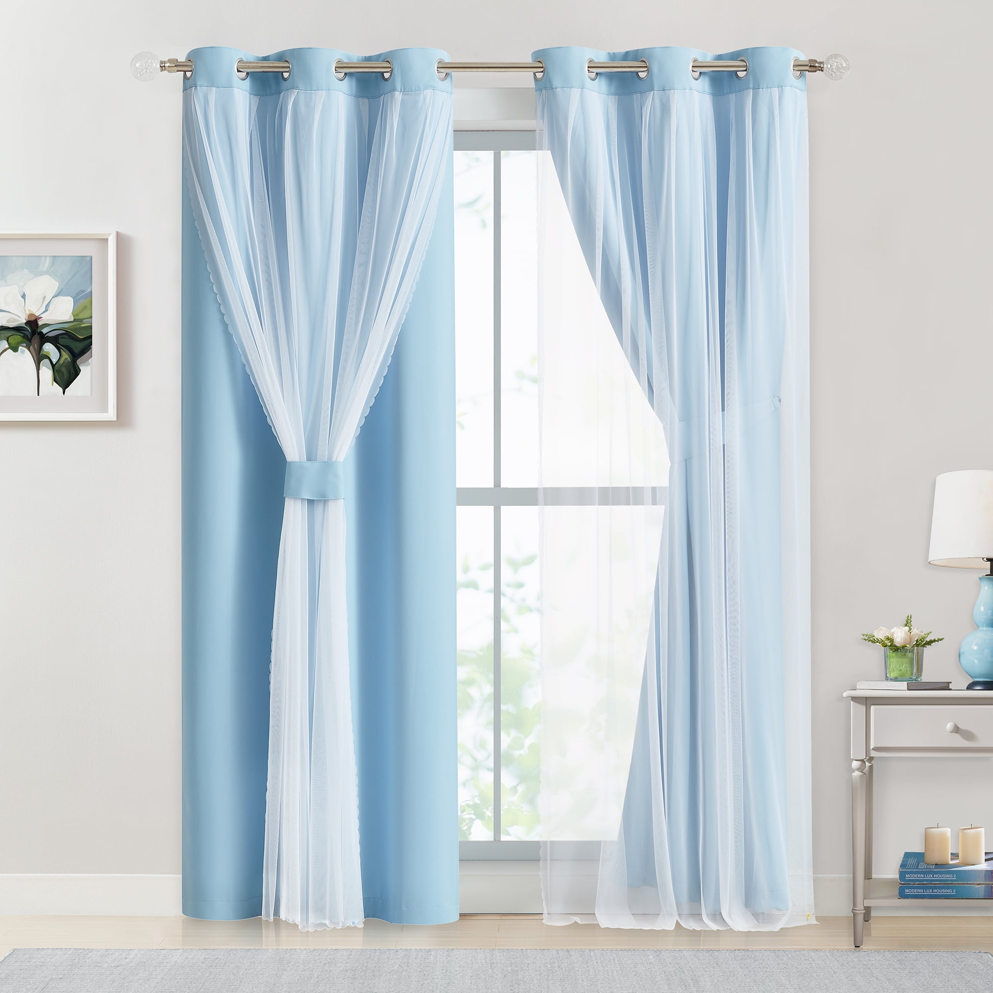Pinewave Modern Blue Solid Print Blackout Kitchen Curtains, 37 x 95 In (2 Panels)