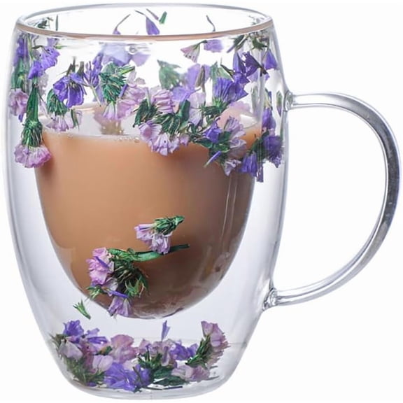 Double Glass Flower Tea Cup, Aesthetic Preserved Flower Cup, Cute Insulated Tea Cup with Handle, Heat Resistant & Lead-free Coffee Mugs, Gifts for Women