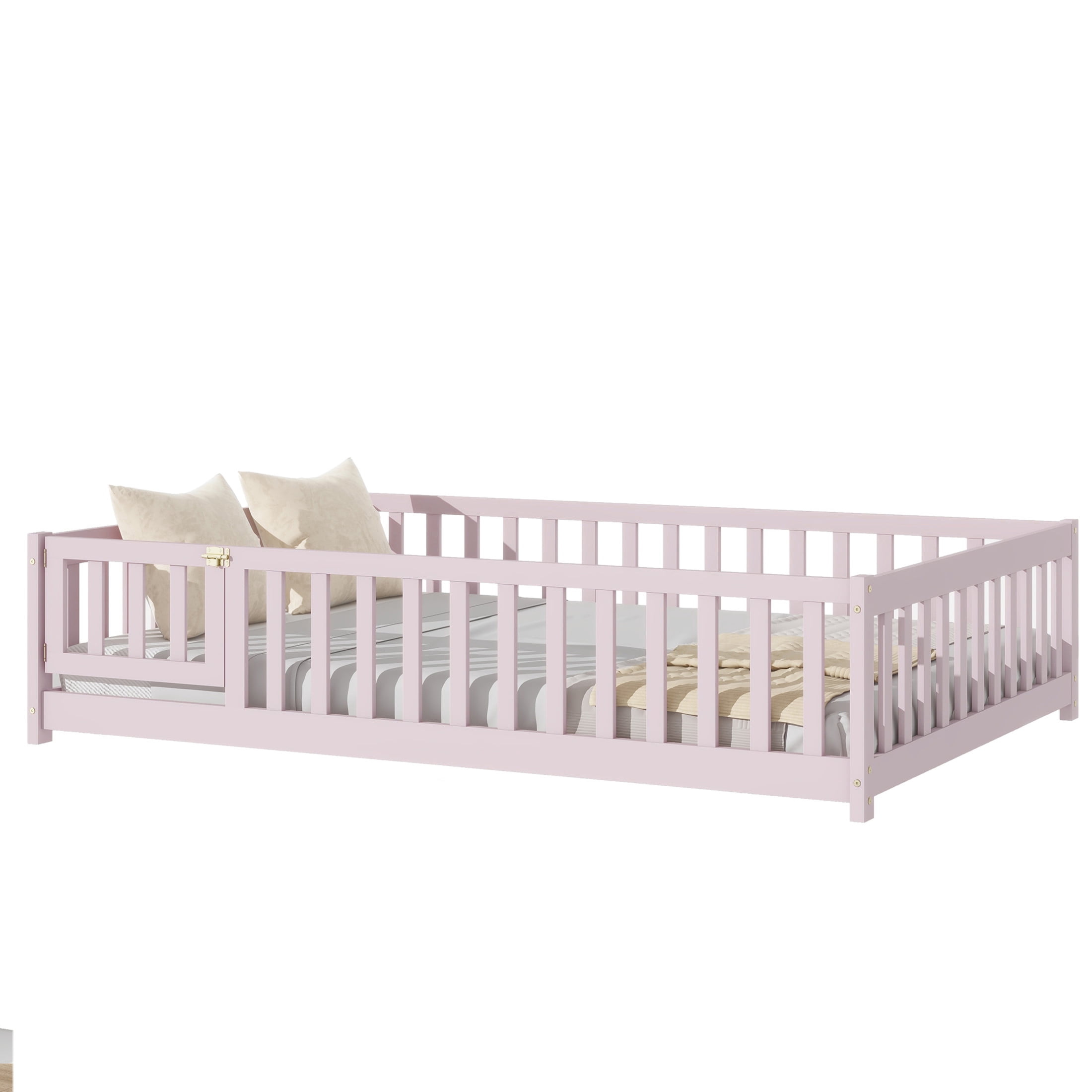 Noble House Mira Full Floor Bed with Fence and Door, Sturdy Rubber Wood Montessori Bed Frame, Kid's Room, Pink