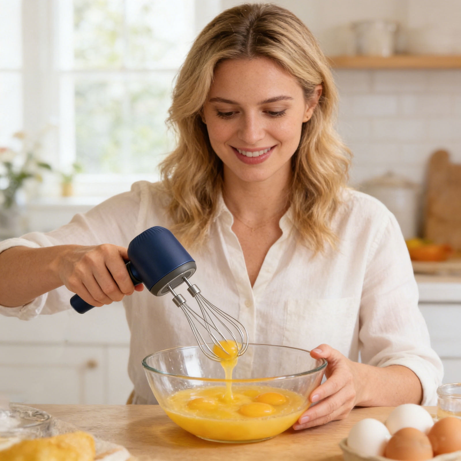 Powerful Cordless Hand Mixer with Rechargeable Battery Multi-Speed Electric Whisk Egg Beater Portable Handheld Mixer for Baking Purees Food Prep Twin Stick Self-Control for Pancakes