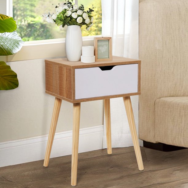 Jaxpety MidCentury Wooden Nightstand Side End Table with White Storage