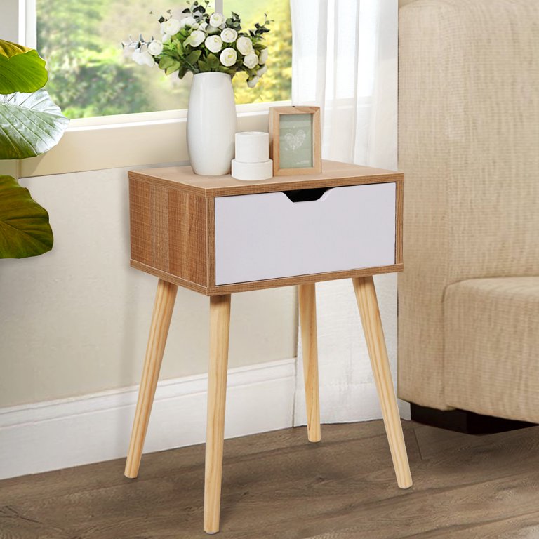 Jaxpety Mid-Century Wooden Nightstand Side End Table with White Storage Drawer for Bedroom Living Room