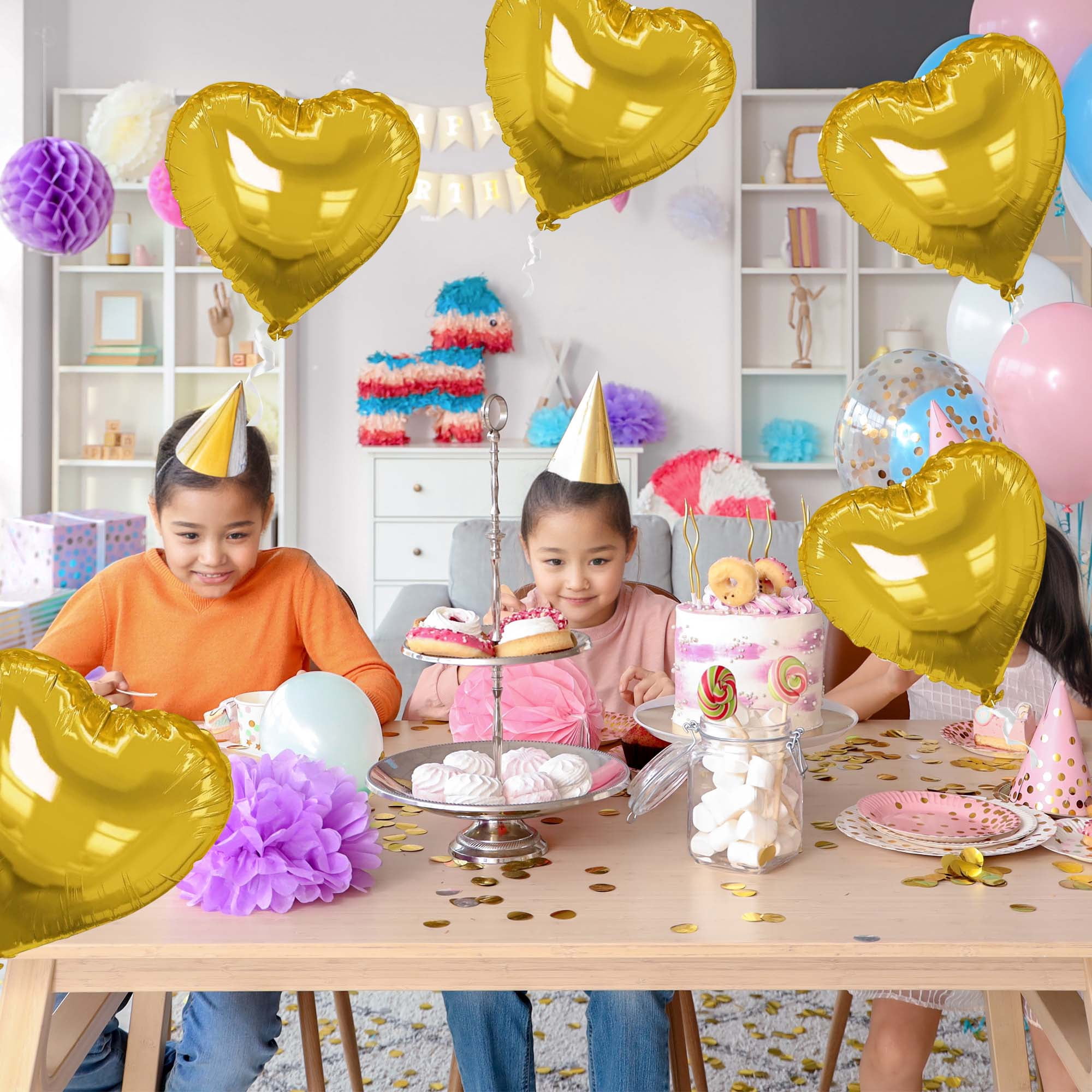 Unique Bargains 10Pcs Helium Balloons with Ribbon Heart Pattern Gold Tone