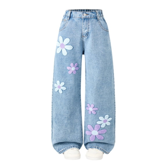 Lenpel Girls' Wide Leg Jeans Kids Elastic High Waisted Zipper Floral Denim Pants Baggy Casual Pants with Pockets