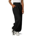 thumbnail image 4 of Mrat Linen Pants Women Wide Leg Pants High Waist Drawstring Sweat Pants Loose Workout Trousers with Pockets Plus Size Yoga Pants for Women S-59 Black XL, 4 of 8