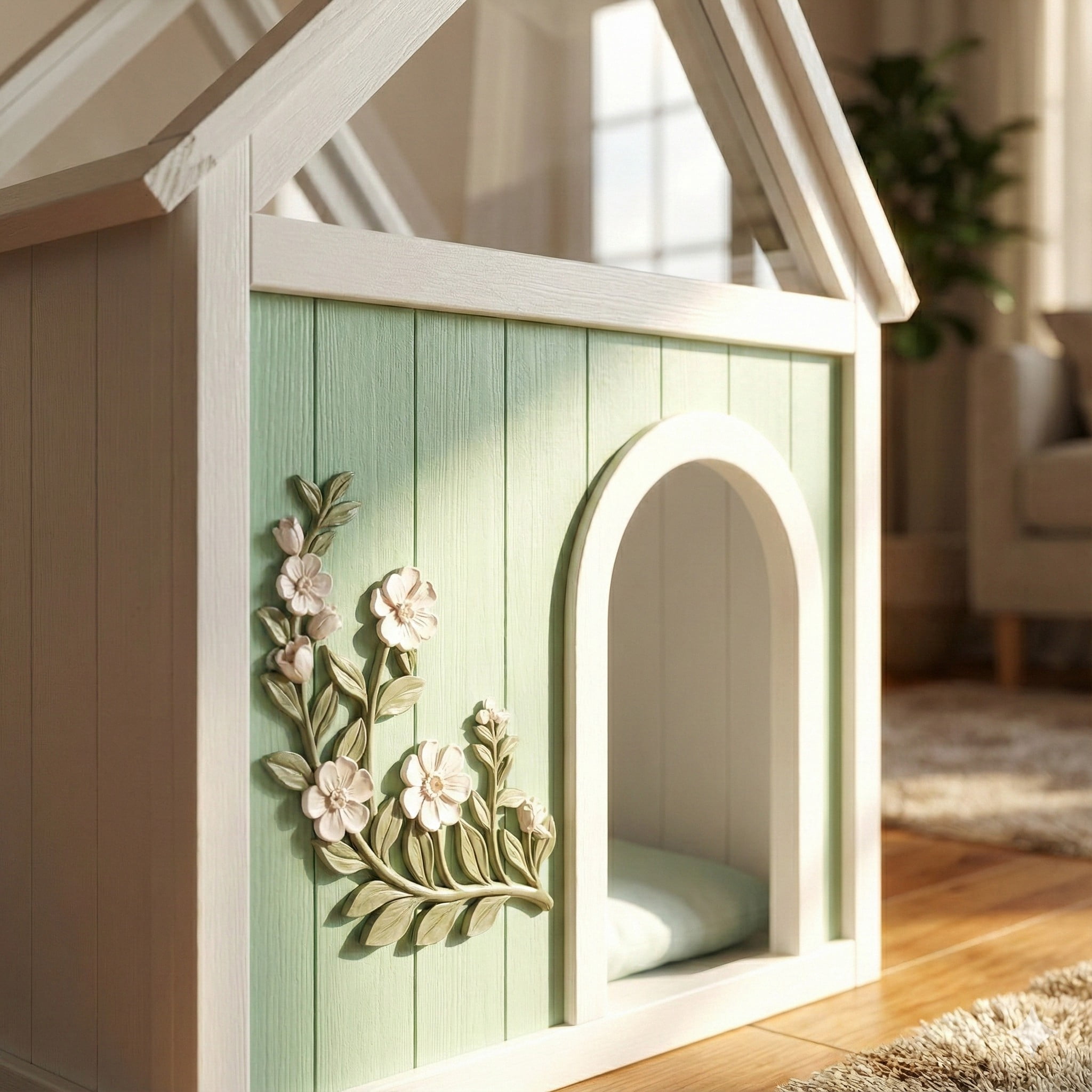 EcoLux FSC-Certified Solid Cedar Indoor Pet House – Acrylic Gabled Roof, Floral Carved Cat Furniture, Luxury Dog House Indoor for Small Dogs & Cats