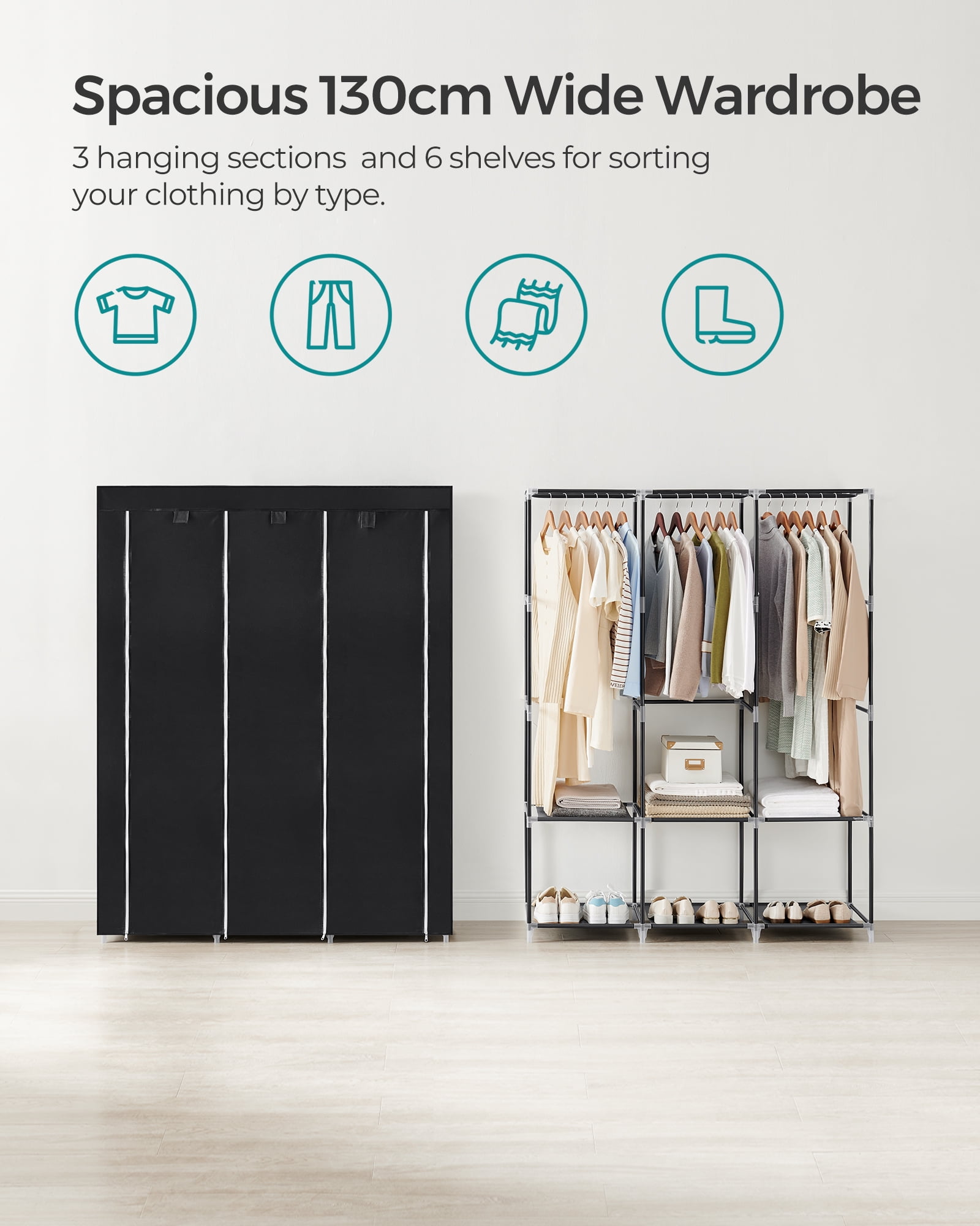 SONGMICS Portable Closet Clothes Wardrobe Organizer with Corver Clothing Rack with 3 Hanging Rods and Shelves for Bedroom Living Room Black Walmart