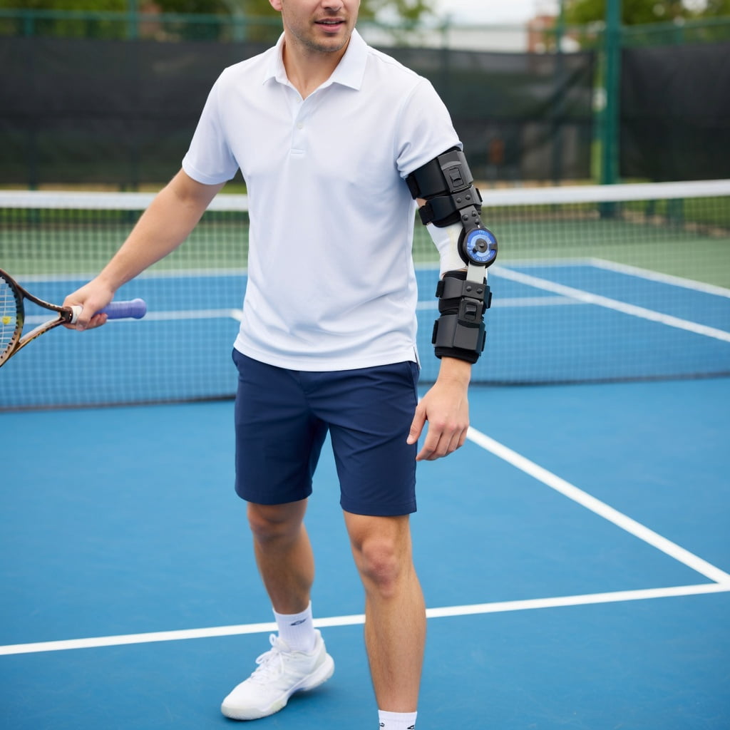 Hinged ROM Elbow Brace, Range of Motion Support Sling Stabilizer for Dislocated Arm, Post Tendon Injury & Surgery Pain Relief Recovery (Left)