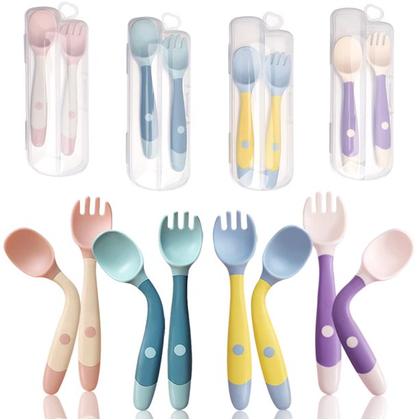 Juego de cucharas y tenedores NeigeTec para bebés con funda de viaje (juego de 4)