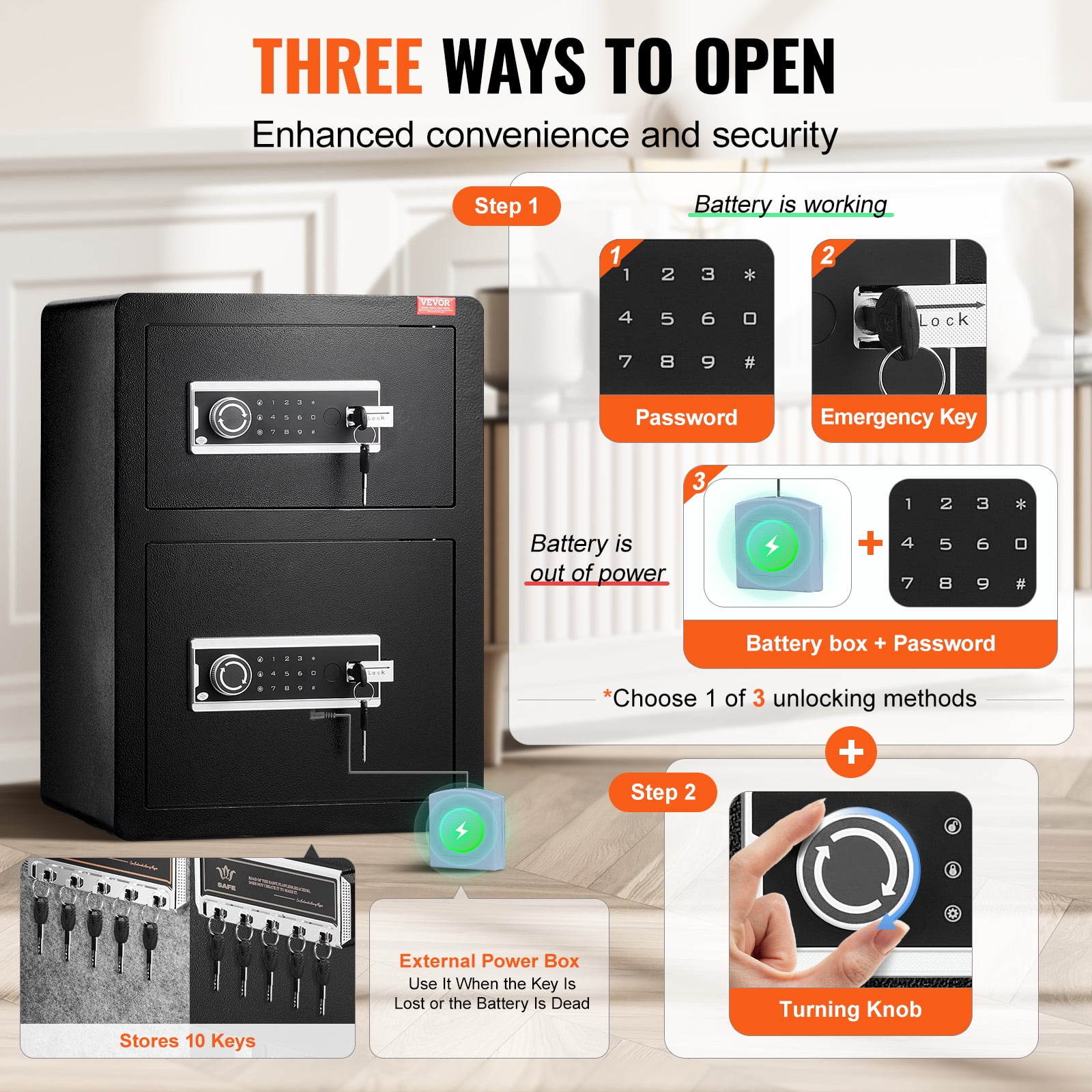 VEVOR Double Doors 3.5 cu.ft Safe Box with Key Lock & Password,Safe Lock Box with Fireproof Bag,Key Rack,LED Light and 2 Height Adjustable and Removable Divider for Money,Jewelry and Valuables,Black