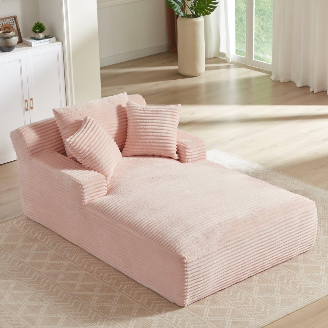 AENKYO 80" Oversized Corduroy Chaise Lounge, Fully Assembled, No Assembly Required, Pink