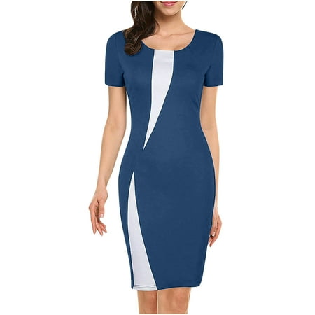 Fesfesfes Women Dress Crewneck Short Sleeve Stretch Slim Bag Hip Pencil Skirt Mini Length Dress Plus Size Clearance $10