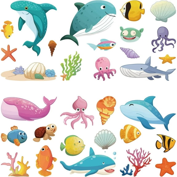Ocean Life Cartoon Window Decal 8 Sheets Adhesive Waterproof PVC Wall Stickers Whales Seaweed Conch Octopus Decor Clings Peel and Stick
