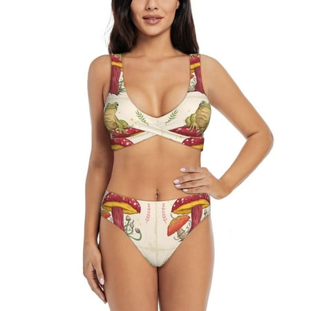 Zeuib Frog Sitting On Mushroom High Waisted Tummy Control Bikini Set - Knot Front Push Up Top & Cheeky Thong Bottom  Two-Piece Swimsuit for Women-Medium