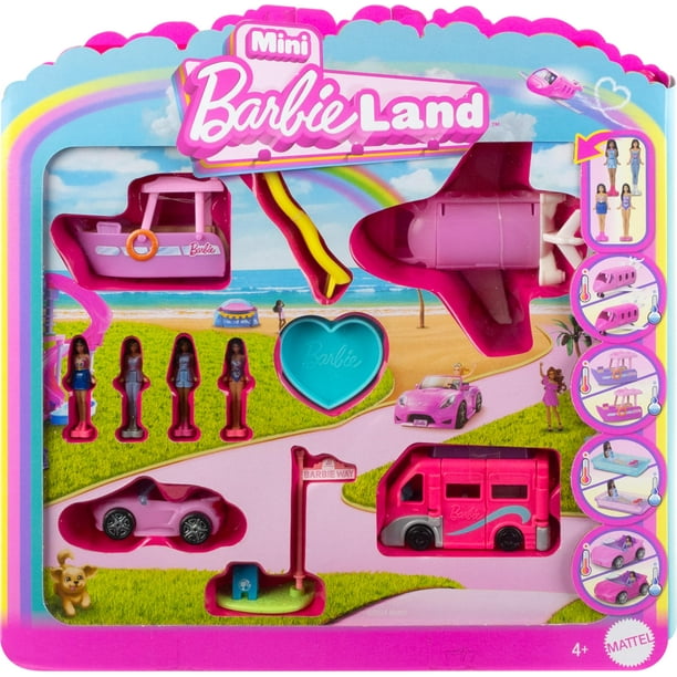 Barbie Mini BarbieLand 4-Pack Doll & Toy Vehicle Set with 4 Mini Dolls (1.5-inch) & 4 Iconic Vehicles with Color-Change Surprise