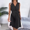 thumbnail image 6 of VSSSJ Women's Cross V Neck Sleeveless Tunic Mini Pleated Dresses Solid Color Belted Slim Elegant A-Line Swing Summer Short Dress Black S, 6 of 7