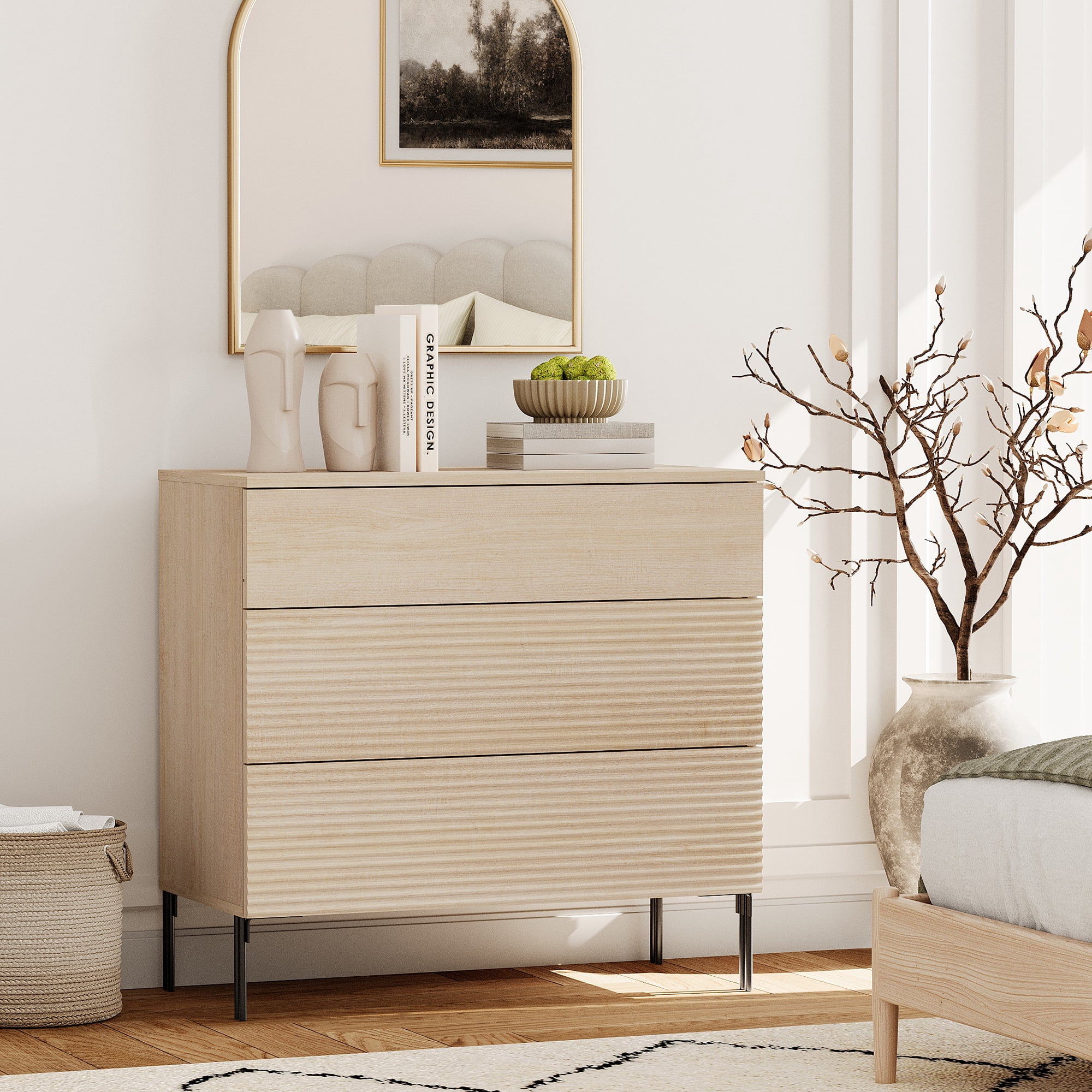 Modern Wood 3-Drawer Dresser with Reeded Design, Minimalist Dresser Organizer Storage for Bedroom,Living room, Entryway