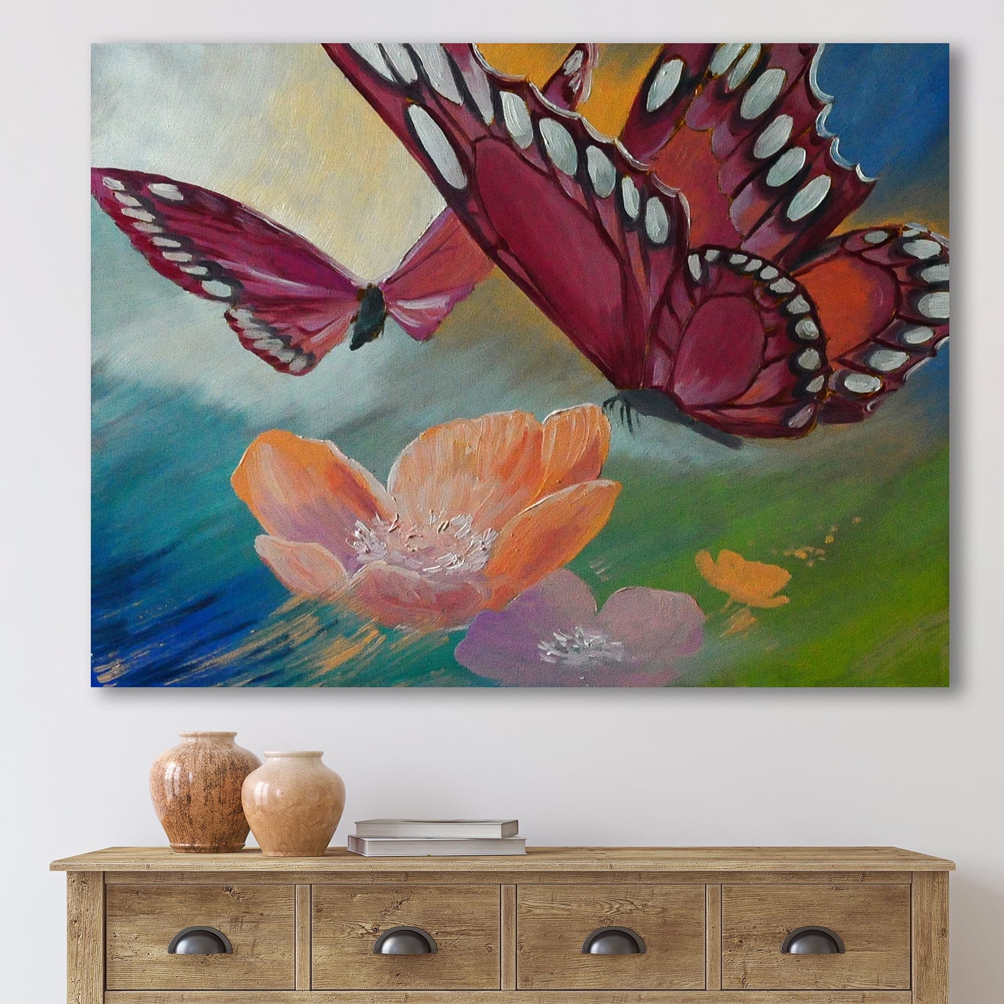 Designart ' Butterflies On Pink Flowers ' Traditional Canvas Wall Art Print